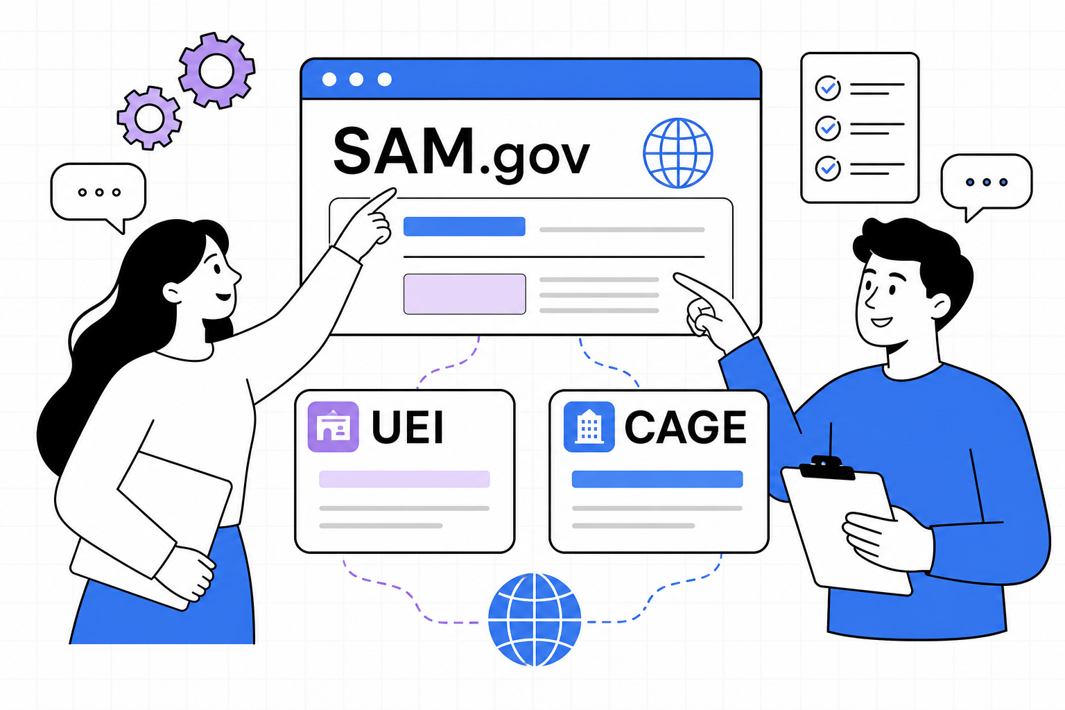 Illustration of people with UEI and CAGE cards and a SAM.gov window