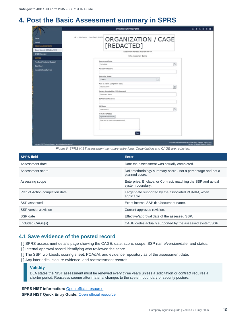 SPRS NIST assessment summary entry form with redactions